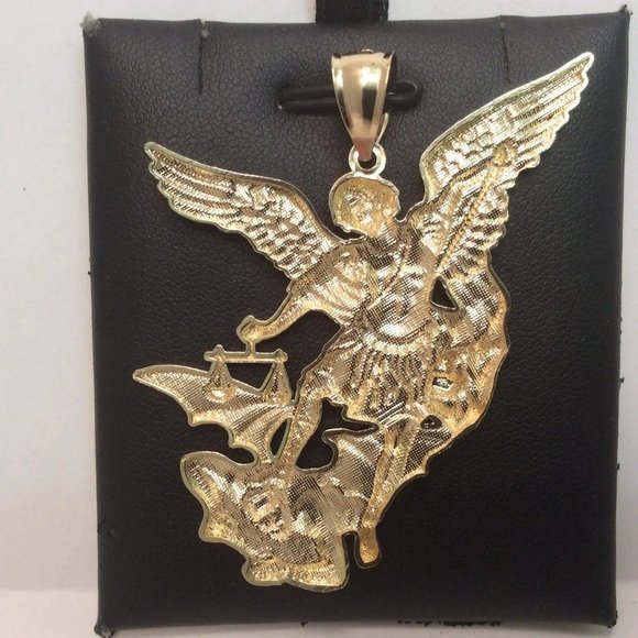 10k Yellow Real Gold Solid Saint 2 Tone Michael Archangel and the Devil Pendant - Picture 3 of 8